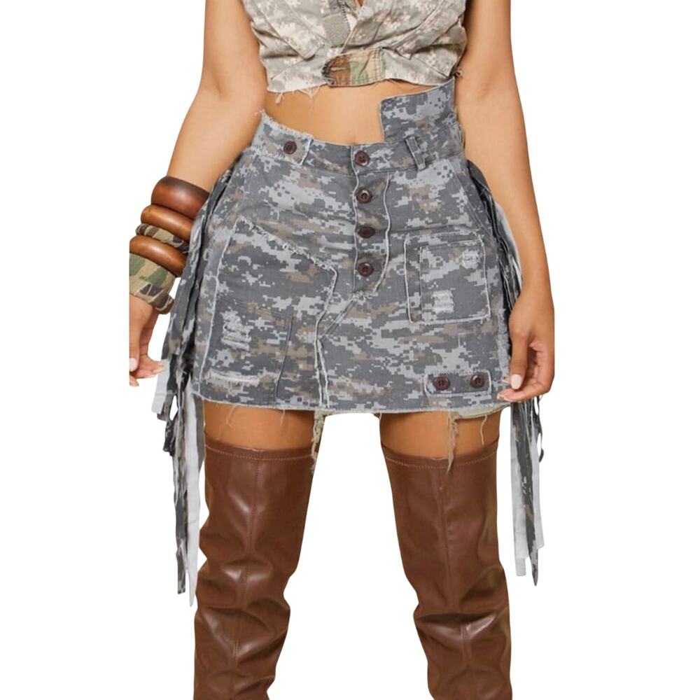 Micas Camo Frayed Patchwork Fringe Mini Skirt, Deconstructed, Plus Size 2XL, NWT